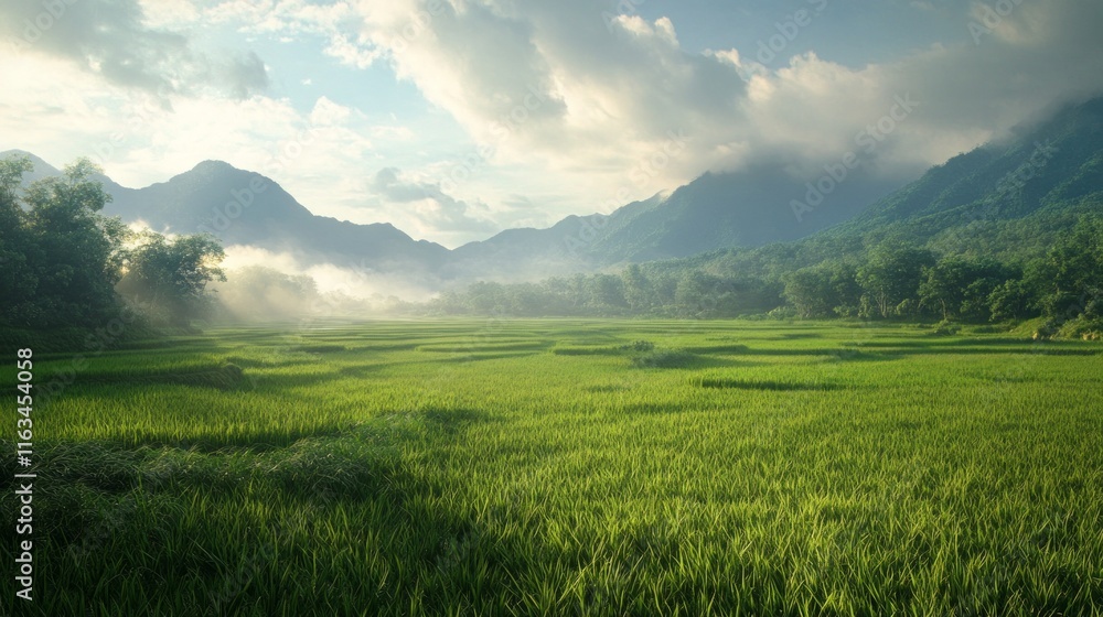 Obraz premium Nature's Symphony Green Fields, Volcanoes, and Cloudy Skies.