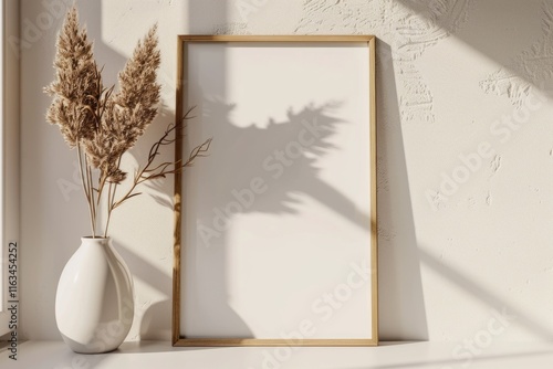Neutral frame mockup with ceramic vase on white background.