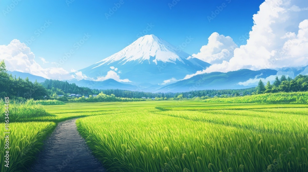 Fototapeta premium Lush Rice Fields and Volcanic Grandeur Under the Azure Sky.