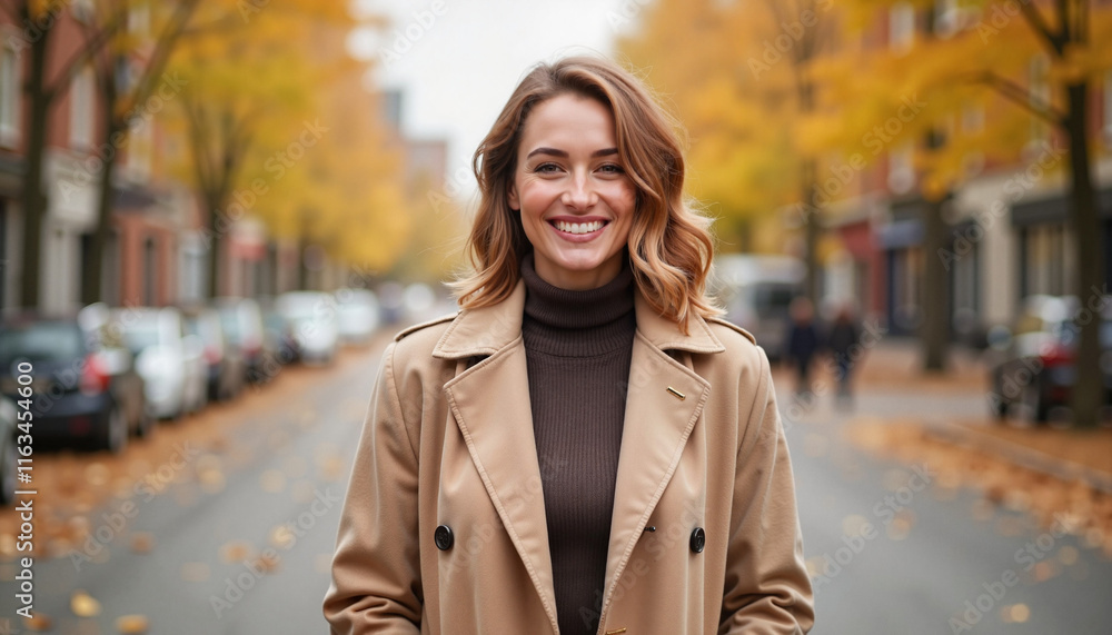 Fototapeta premium Smiling woman enjoying autumn day in a city street