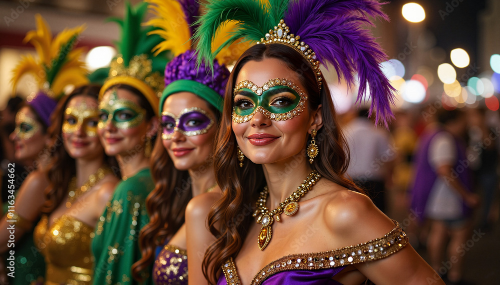 Obraz premium Carnival performers celebrating with vibrant masks at night
