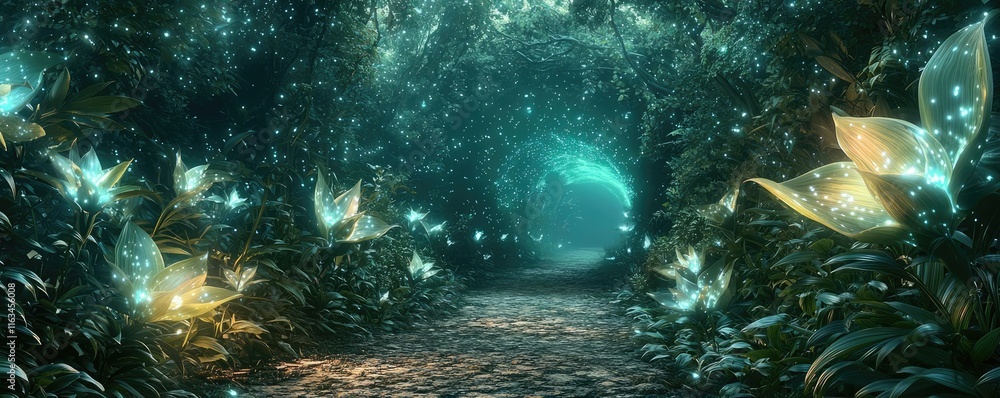 Obraz premium Mystical vegetation idea. A mystical forest pathway adorned with glowing flowers and ethereal light.