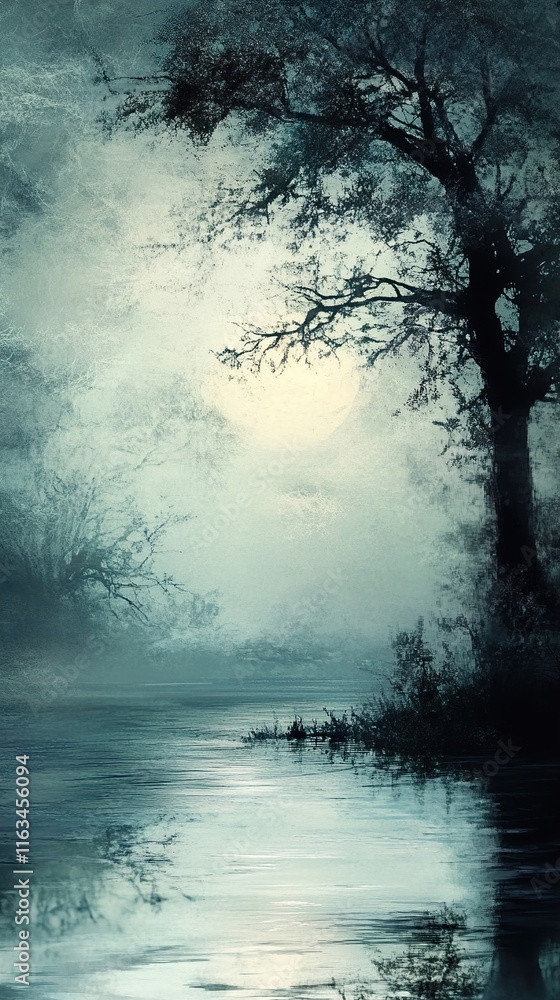 Enchanted River Landscape: Fog, Trees, and Tranquil Water Enchanted River Landscape: Fog, Trees, and Tranquil Water