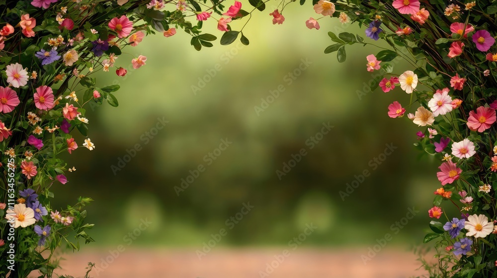 Mystical flora idea. A beautiful floral archway adorned with colorful blossoms in a serene, blurred background. Mystical flora idea. A beautiful floral archway adorned with colorful blossoms in a serene, blurred background.