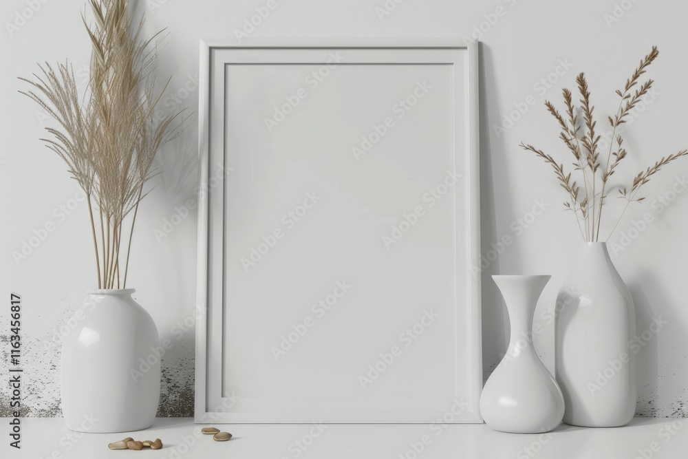 White frame mockup with vases composition White frame mockup with vases composition