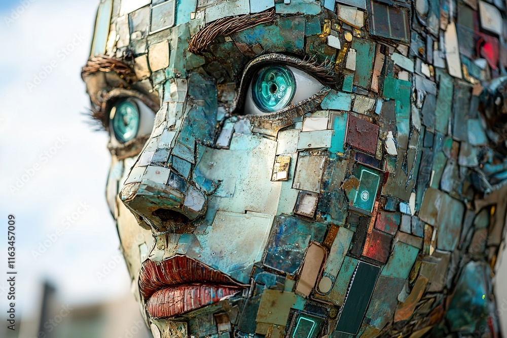 Obraz premium Recycled Material Mosaic Woman Head Sculpture