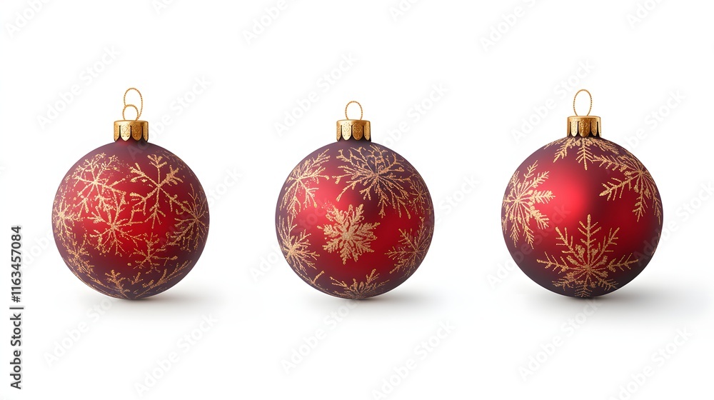 Three Red Christmas Ornaments With Gold Snowflake Designs Three Red Christmas Ornaments With Gold Snowflake Designs