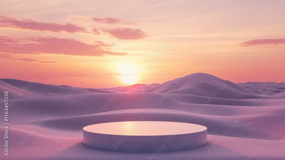 Round podium on desert sand dune in sunset twilight time Round podium on desert sand dune in sunset twilight time