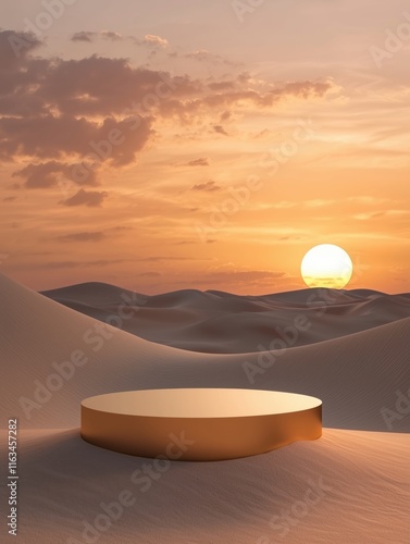 Round podium on desert sand dune in sunset twilight time