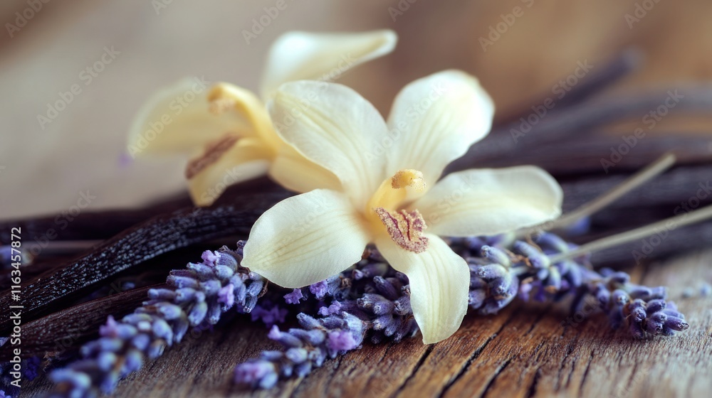 Vanilla Flowers and Lavender on Rustic Wooden Background Vanilla Flowers and Lavender on Rustic Wooden Background
