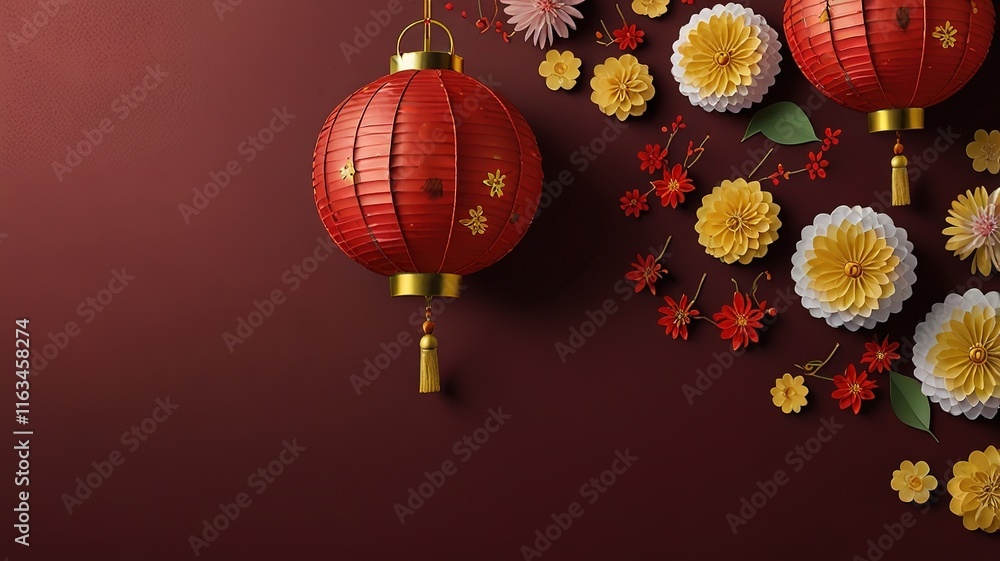 Obraz premium Chinese new year festival, Top view flat lay lunar new year or Happy Chinese new year decorations celebration with copy space on the background