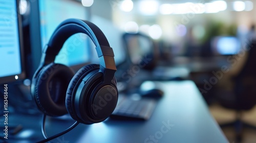 Black Headphones on a Desk in a Blurred Office photo