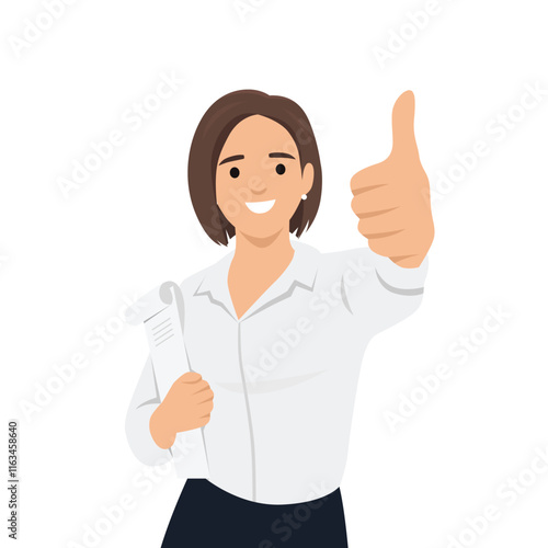 Young woman in a business suit holds a folder with documents and shows a thumbs up. Flat vector illustration isolated on white background