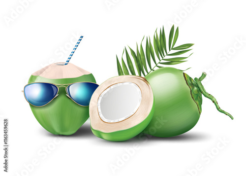 sunglasses wearing green coconut cocktail. green coconuts and coconut leaves isolated on the white background vector illustration.