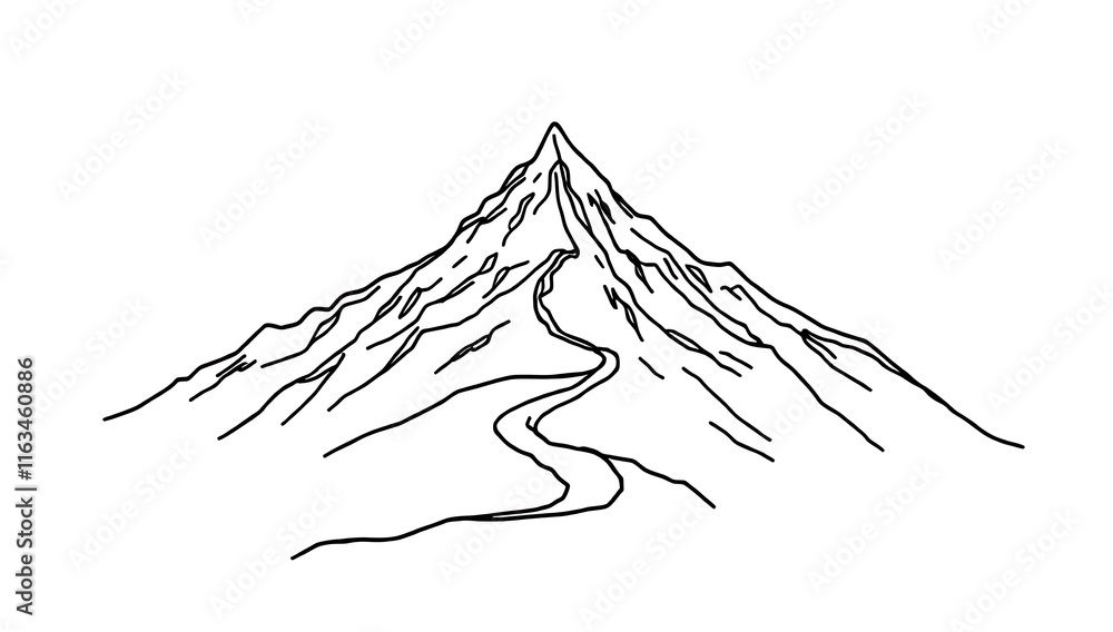 A thick-lined doodle of a mountain with snow caps and a winding trail leading up, drawn in simple outlines with no fill color on a plain white background.

