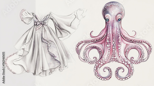 Squid seafood isolated sketch. Sea animal, european squid with pink tentacles and mantle. Seafood, fish market label, food packaging or underwater sea animal themes design photo