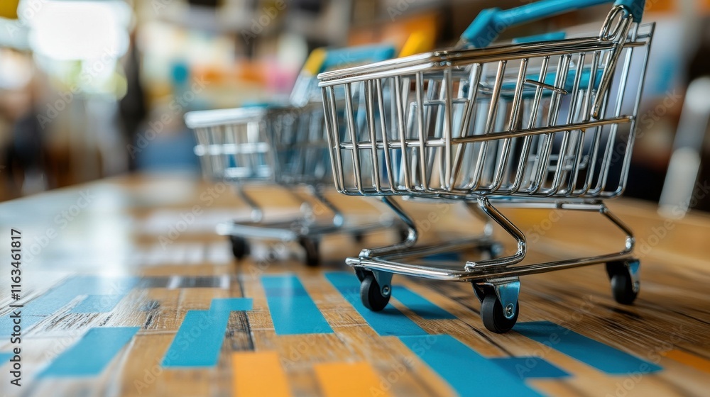 custom made wallpaper toronto digitalTwo small shopping carts on a colorful wooden table in a retail environment.