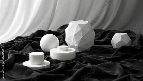 Geometric White Forms on Black Velvet: A Modern Still Life