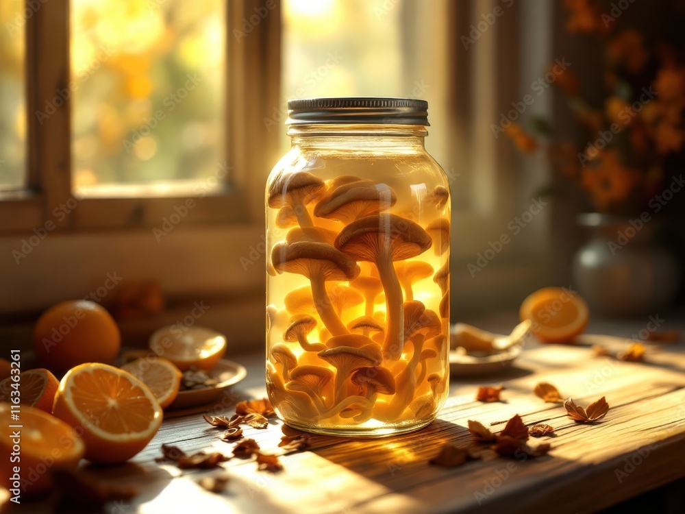 Sunlit mushrooms in mason jar with lemons on wooden table by window Sunlit mushrooms in mason jar with lemons on wooden table by window