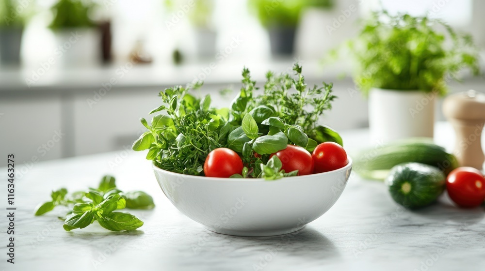 Fresh Herbs and Tomatoes in a Bowl on Kitchen Counter Fresh Herbs and Tomatoes in a Bowl on Kitchen Counter