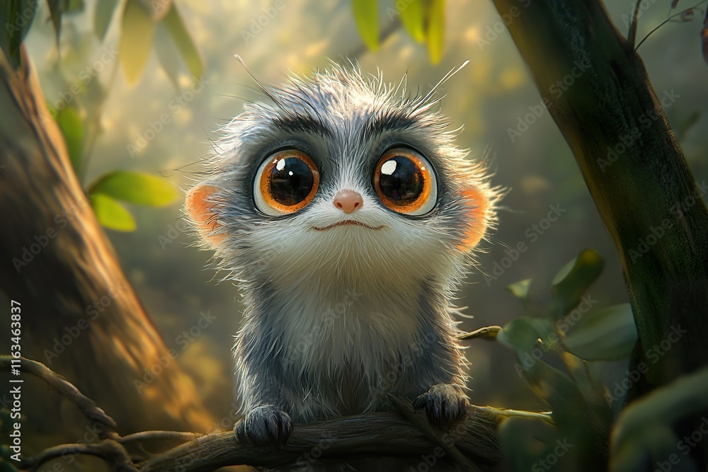 Obraz premium Adorable Fuzzy Creature Perched On A Branch