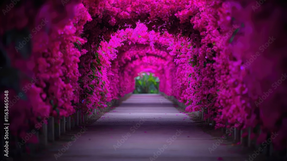 Fototapeta premium Mystical flora idea. Vibrant pink bougainvillea flowers create a stunning pathway in a serene garden.