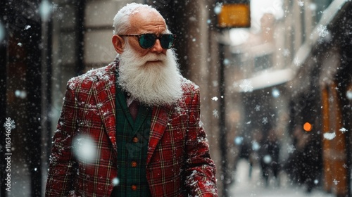 A stylish elderly man walks through a snowy street, wearing sunglasses and a festive outfit in a winter wonderland.