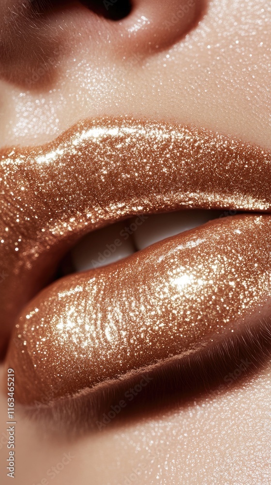 Fototapeta premium Close-Up of Shimmering Gold Lips in Trendy Makeup Photography