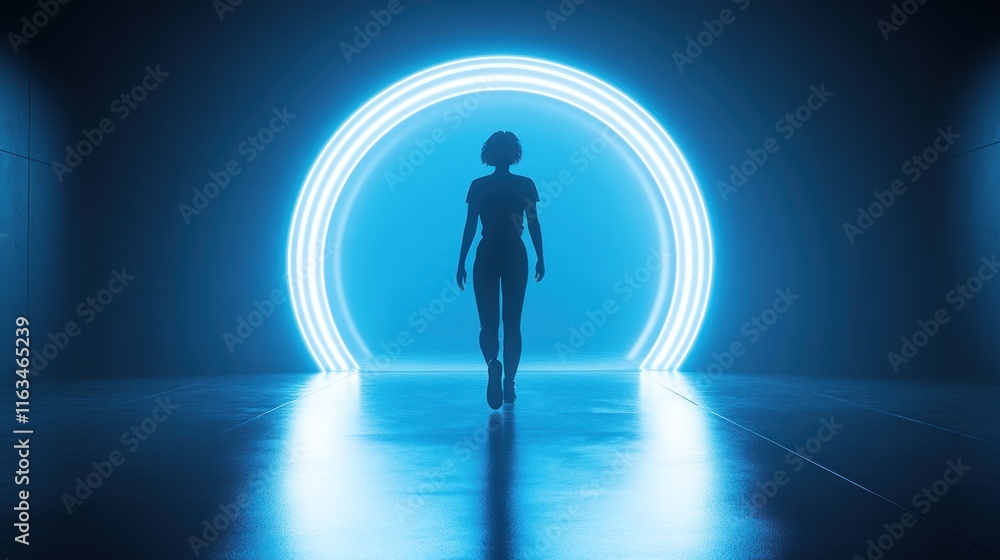 Obraz premium Silhouette of a Woman Walking Towards a Glowing Neon Circle Portal in a Futuristic Setting