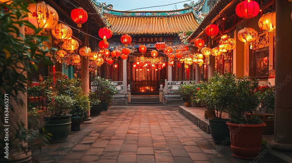 Obraz premium A Peaceful Temple Courtyard Decorated with Red Banners and Lanterns for a Festival