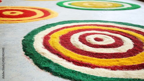 Colorful Rangoli Patterns on Ground Showcasing Traditional Indian Art with Vibrant Circular Designs photo