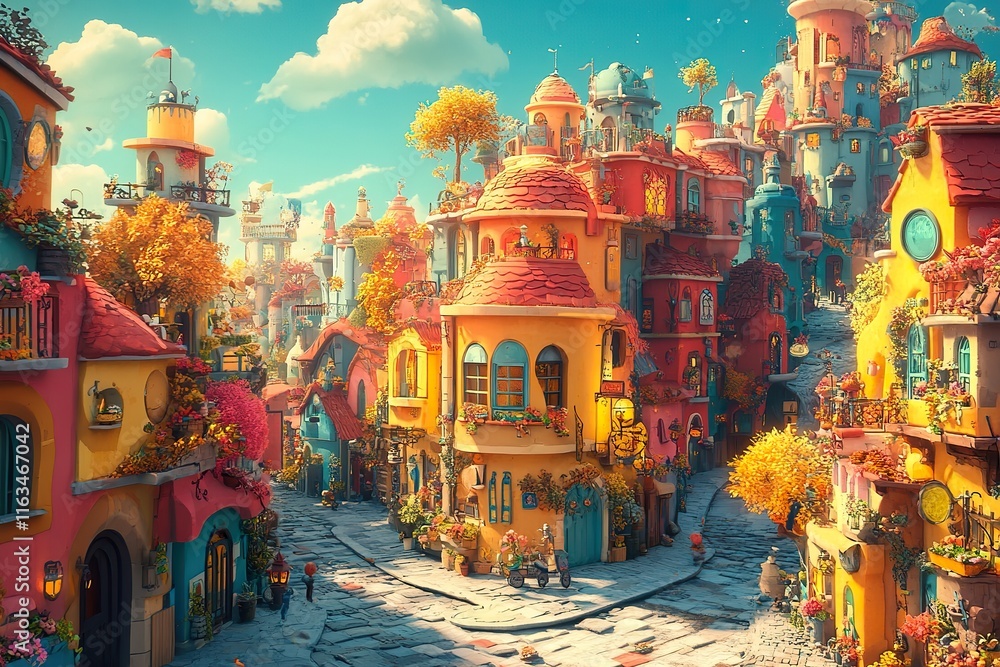 Fototapeta premium A whimsical autumnal town street scene with colorful buildings
