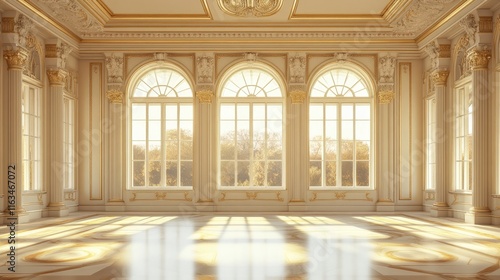 Sunlit grand ballroom with arched windows, ornate columns, and marble floor.