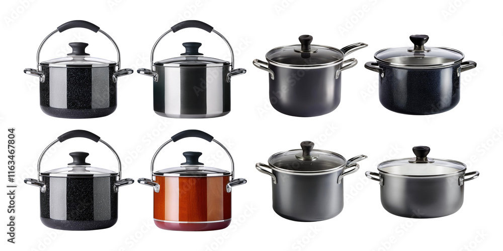 Assorted Cooking Pots on Transparent Background Assorted Cooking Pots on Transparent Background