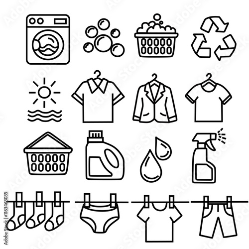 set of Laundry services or housekeepig vector icon. laundry elements consisting of washing machine, foam, soaked cloth, hot weather, hangers, basket, detergent, sprayer, clothesline, underwear 