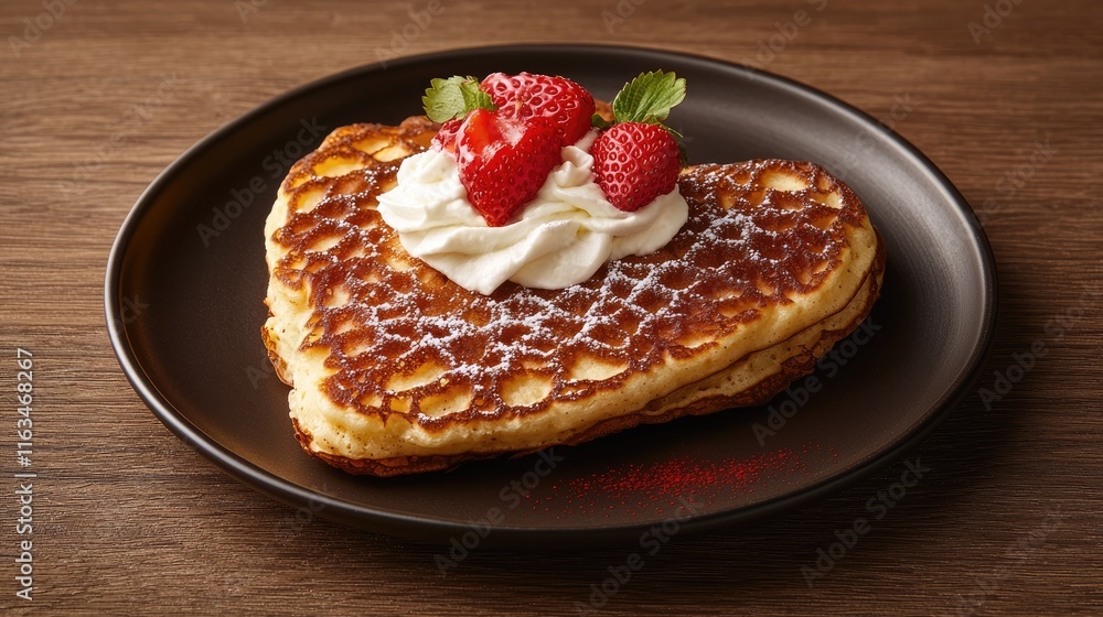 Delicious heart-shaped pancakes with strawberries and whipped cream cozy kitchen food photography warm environment close-up view Delicious heart-shaped pancakes with strawberries and whipped cream cozy kitchen food photography warm environment close-up view