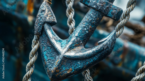 Old fashioned decorative sailing ships admiralty anchors and large naval anchor with chain and twisted rope rodes. Marine club symbol or nautical theme design photo