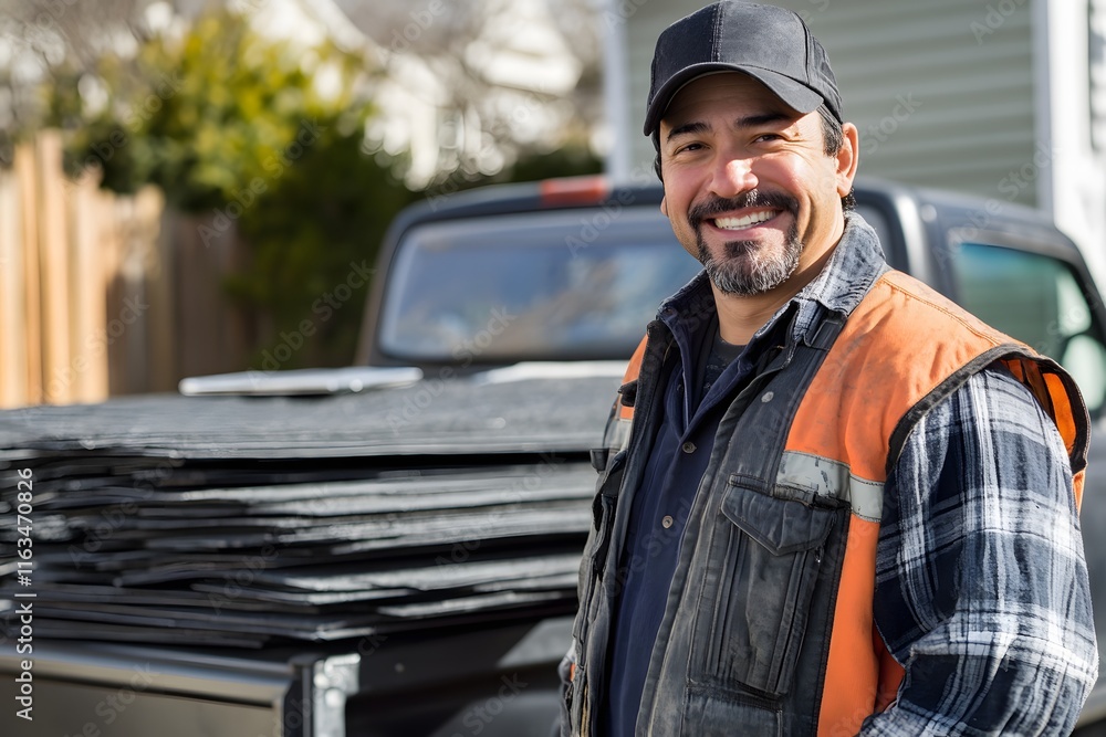 A smiling roofer standing next to a truck A smiling roofer standing next to a truck