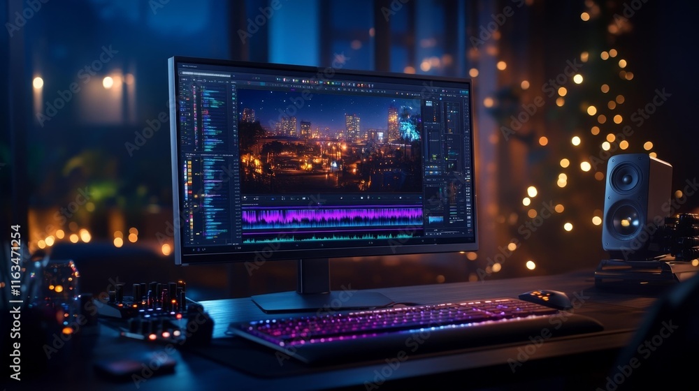 Video editing workstation in a modern studio with ambient lighting. Generative AI Video editing workstation in a modern studio with ambient lighting. Generative AI