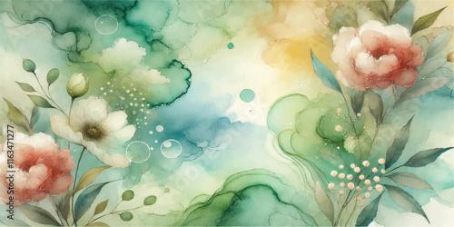 Soft Abstract Watercolor Background with Green and Peach Tones