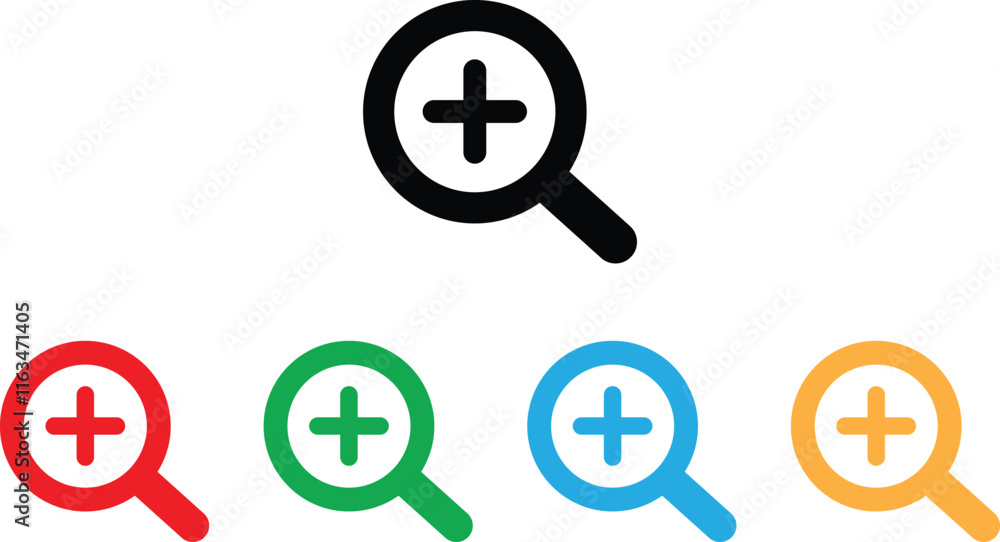 Obraz premium Colorful zoom in icon set in five colors . magnifying glass with plus icon . Vector illustration