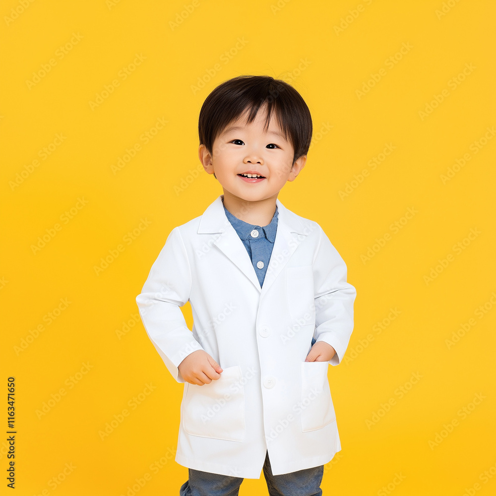Smiling Asian Child in Oversized Veterinarian Coat on Yellow Background Smiling Asian Child in Oversized Veterinarian Coat on Yellow Background