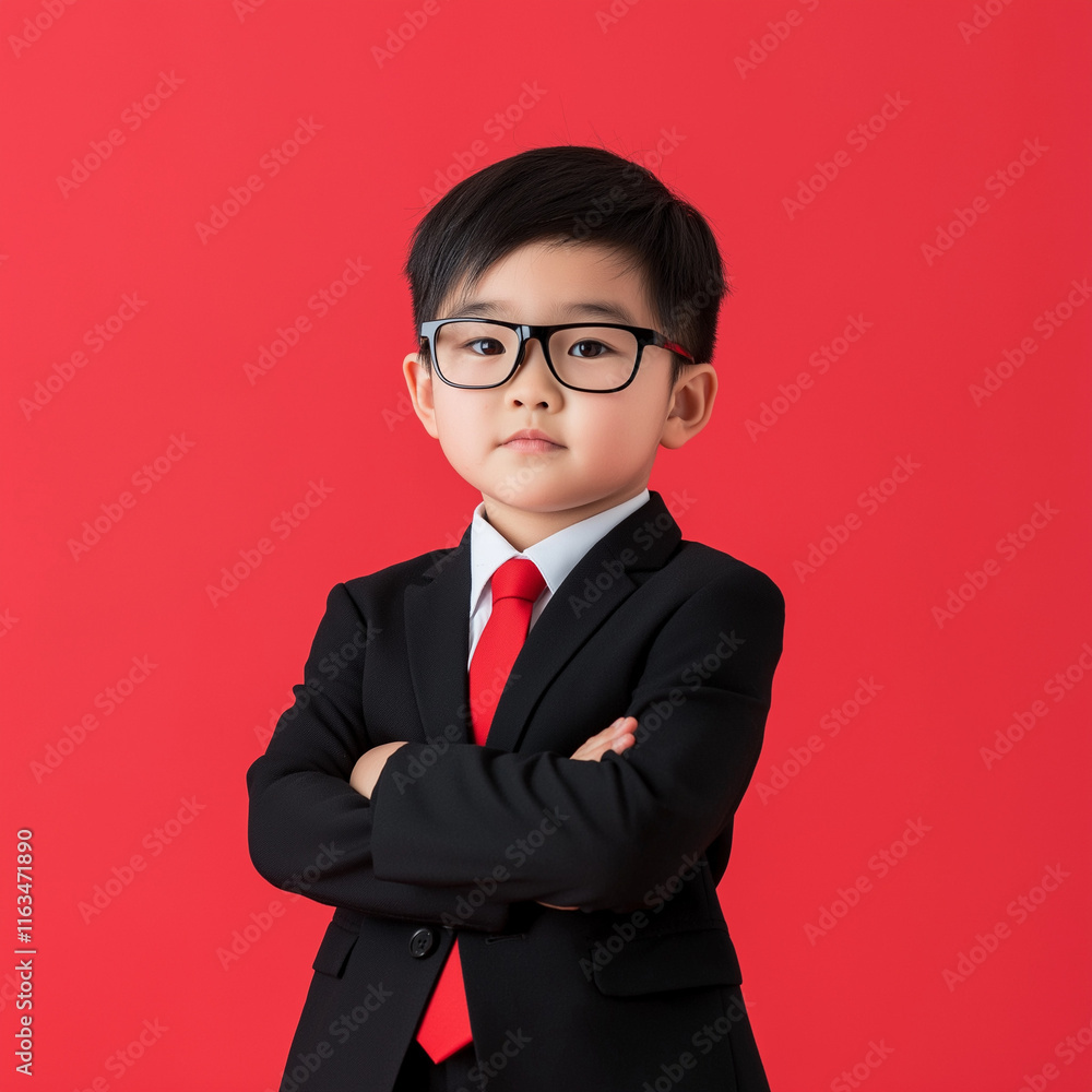Professional Young Boy in Black Suit and Red Tie, Confident Look on Red Backdrop Professional Young Boy in Black Suit and Red Tie, Confident Look on Red Backdrop