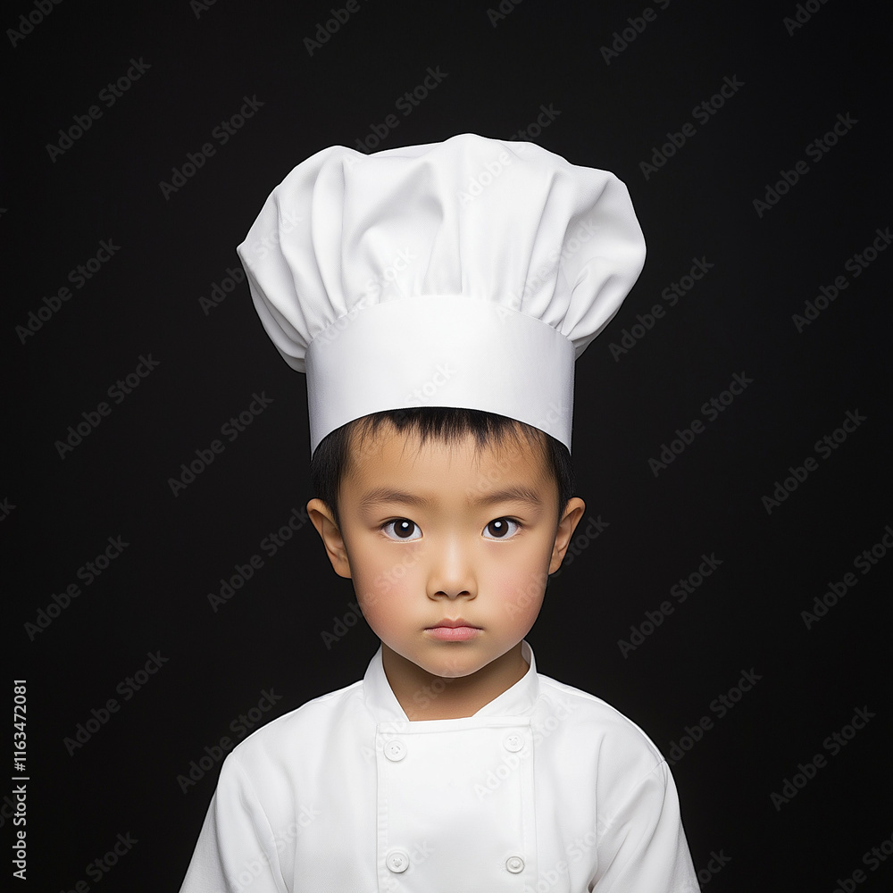 Serious Boy Chef Portrait with White Hat and Uniform
