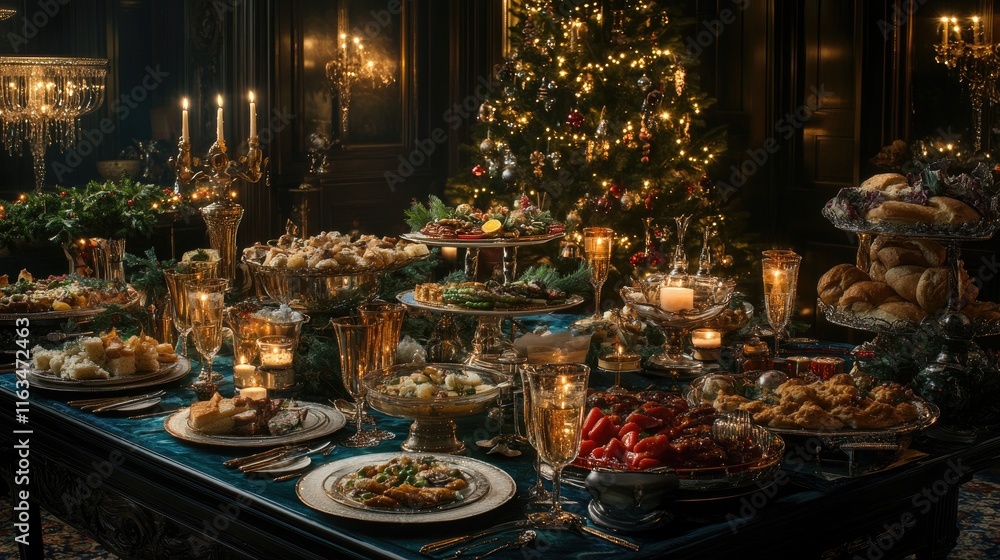 A lavish holiday feast featuring an array of dishes, drinks, and festive decorations. A lavish holiday feast featuring an array of dishes, drinks, and festive decorations.