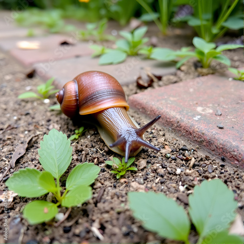 The slug Krynickillus melanocephalus crawls along the paths in the garden. The slug is a terrestrial gastropod mollusk of the order pulmonate snails of the family Agriolimacidae. photo