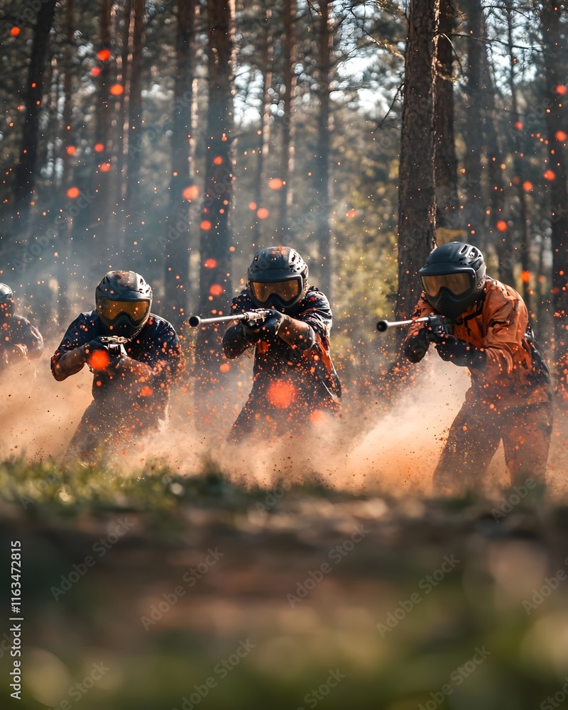 Action-packed scene of players in a forest during a paintball game, showcasing teamwork. Action-packed scene of players in a forest during a paintball game, showcasing teamwork.