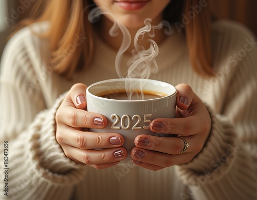 Unas manos de mujer sosteniendo una taza de café humeante, con el año 2025 sutilmente integrado en el diseño photo