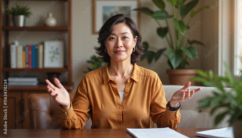 Middle-aged Asian woman explaining with sign language in cozy office, clarity in communication Middle-aged Asian woman explaining with sign language in cozy office, clarity in communication