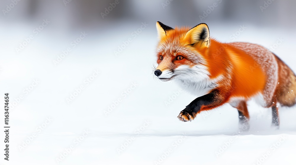 Obraz premium A vibrant red fox gracefully running through a snowy landscape, showcasing its striking orange fur and playful demeanor in a winter wonderland